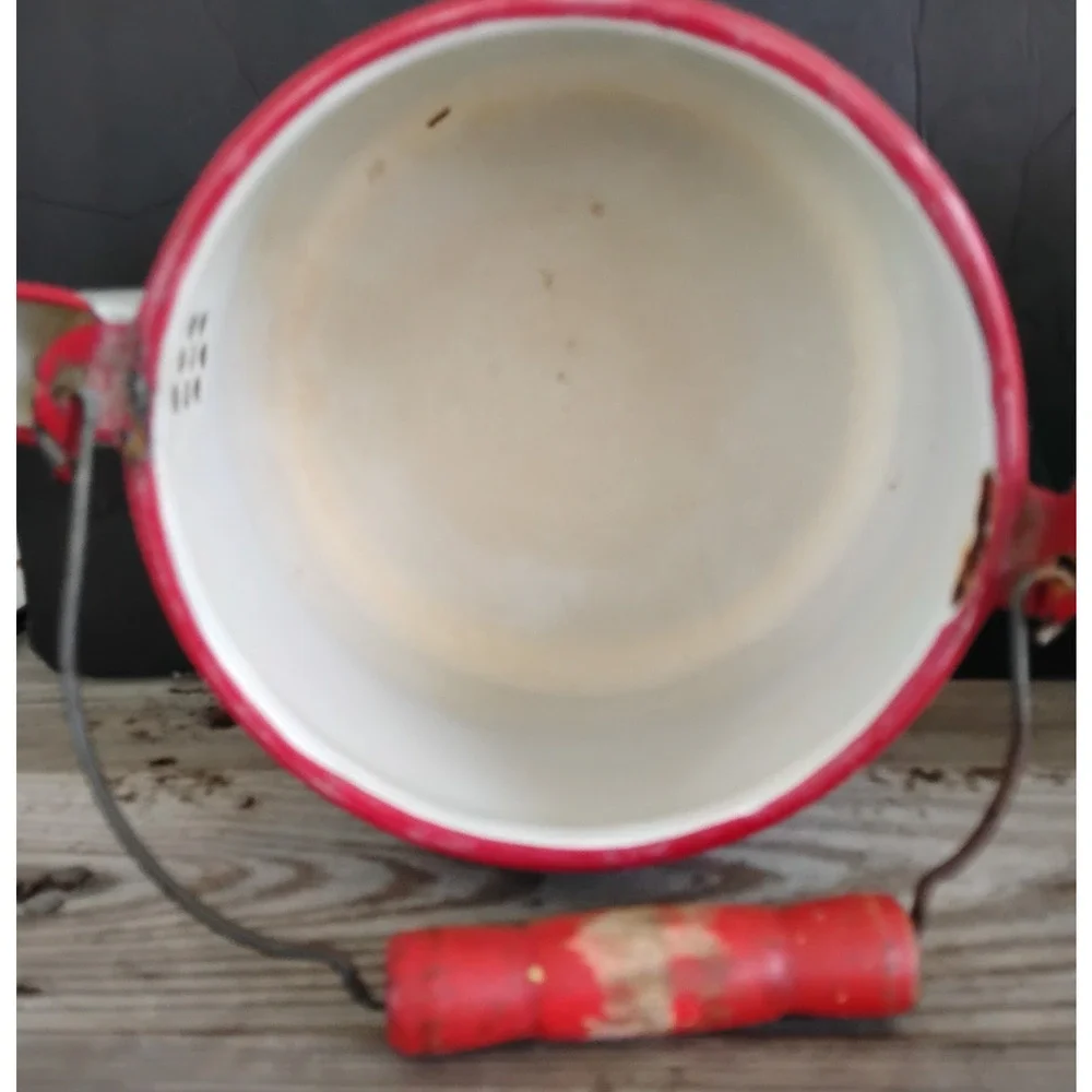 🏕️🚙Enamelware Kettle Coffee Pot White Red Wood Handle Farmhouse Camp Cowboy